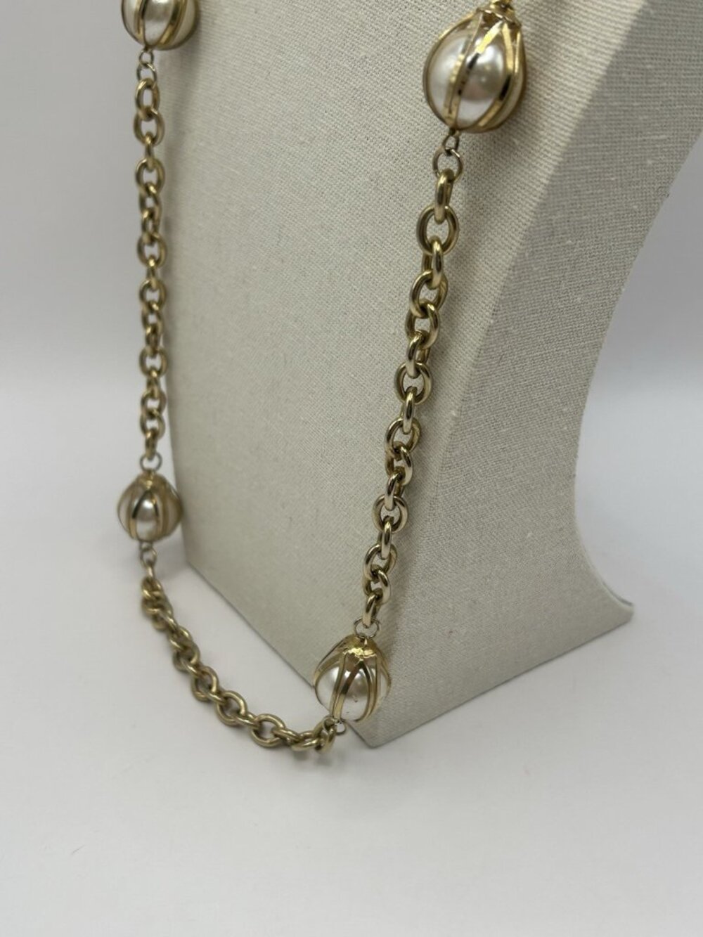 Vintage Gold Tone Chain Faux Pearl Bead Station Necklace Long 30” Cottagecore - Picture 11 of 15